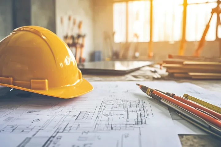 Yellow hard hat on blueprints with tools in a sunlit workspace, construction accident cases