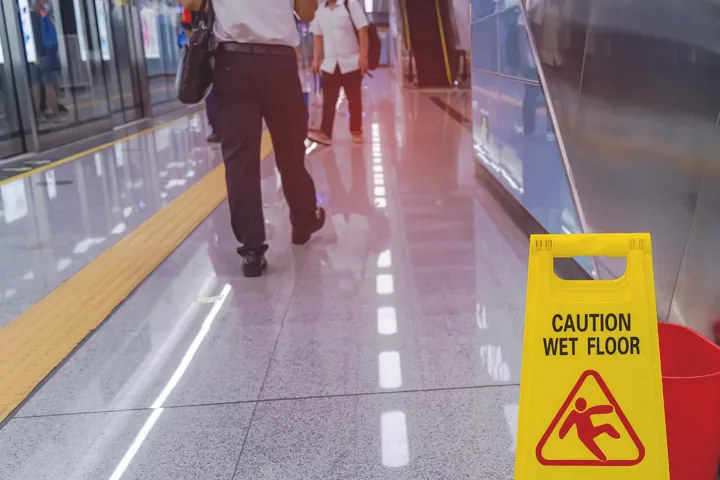 Caution wet floor sign in a busy station corridor, premises liability in NYC